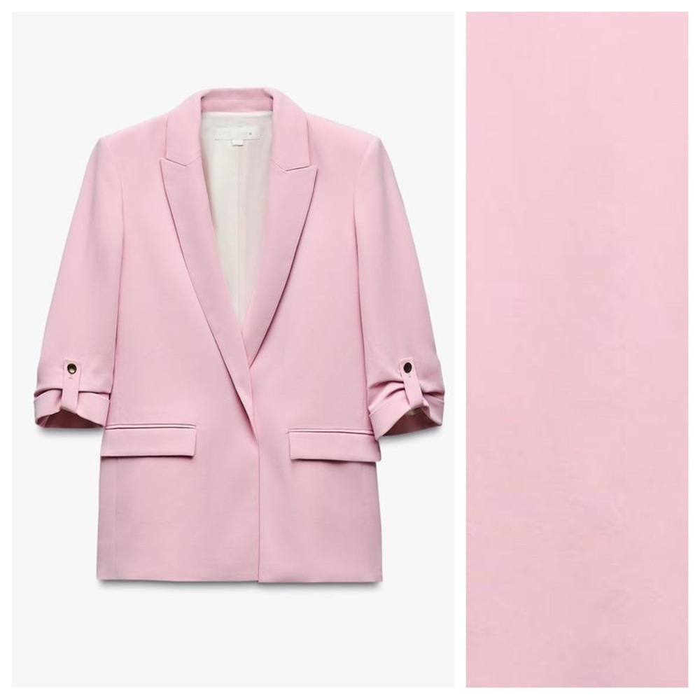 NWOT. Zara Pink Open Front Blazer with Rolled-Up Sleeves. Size XS.
